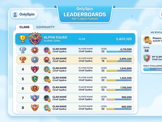 OnlySpin klan ve topluluk sıralama ekranı